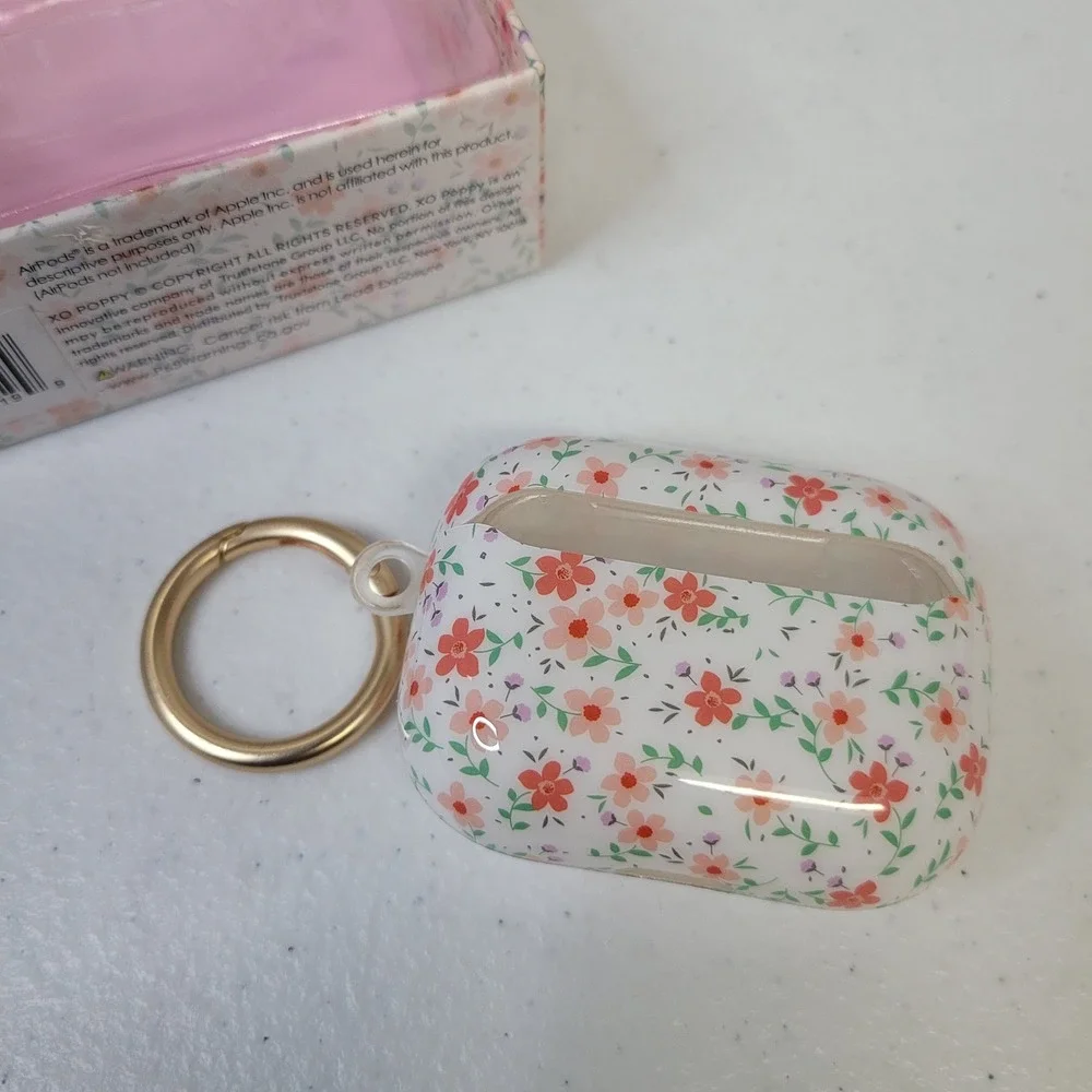 XO Poppy Floral‎ AirPods Pro Case White Pink Orange Flowers Gold Keychain NEW